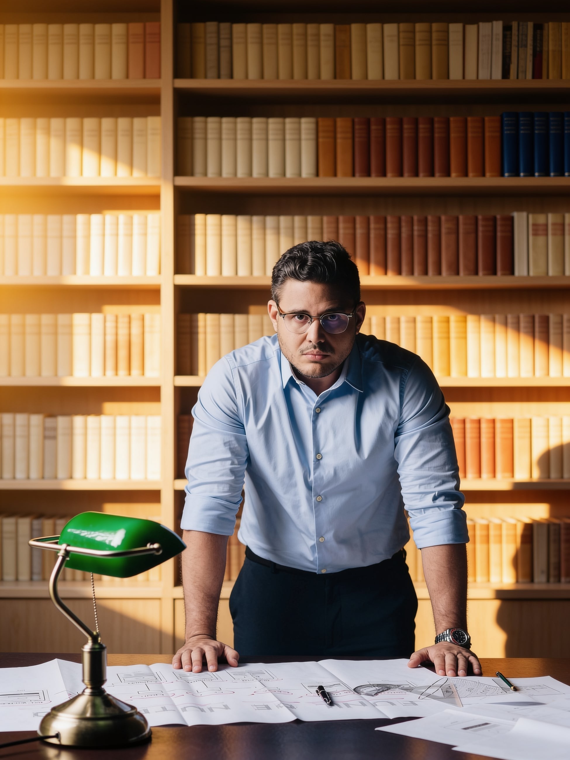 Ícaro de Carvalho debruçado sobre uma mesa de trabalho na biblioteca, com um abajur verde
